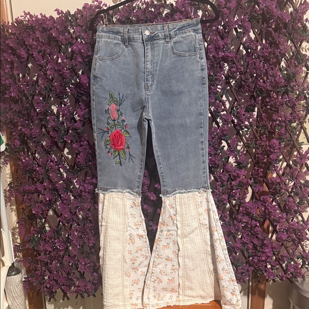 POL Blue and White Flare Jeans with Floral Embroidery